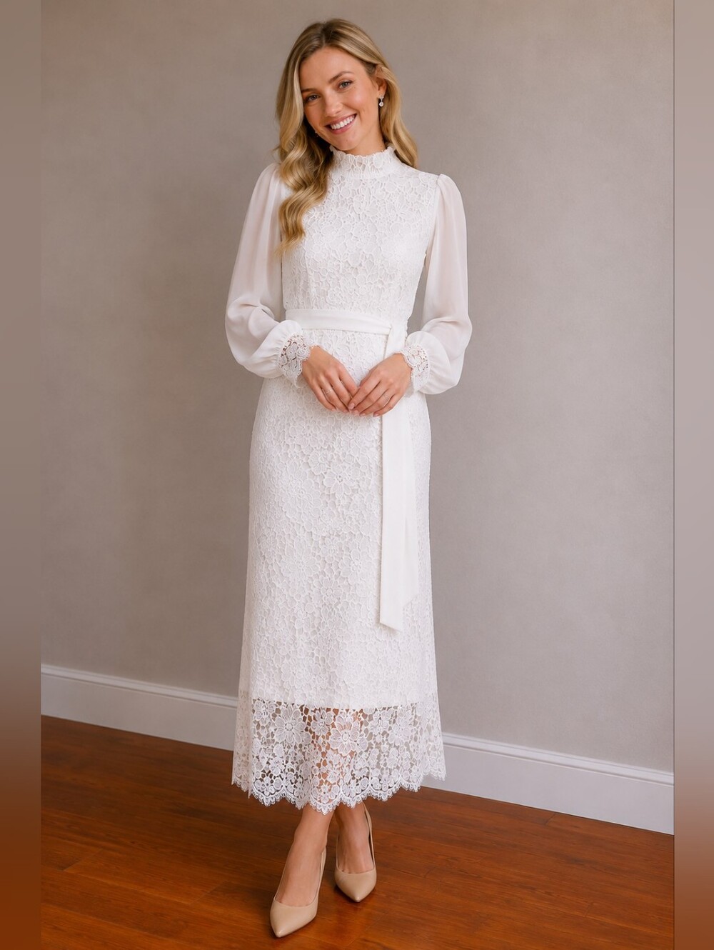 SHEIN White Lace Midi Dress with Sheer Long Sleeves